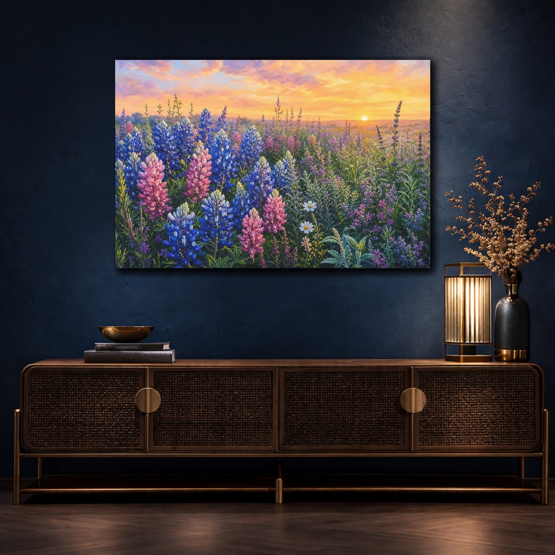 Mockup 4. Nature Lupine Field Lupine Sunset shown as stretched canvas wall art