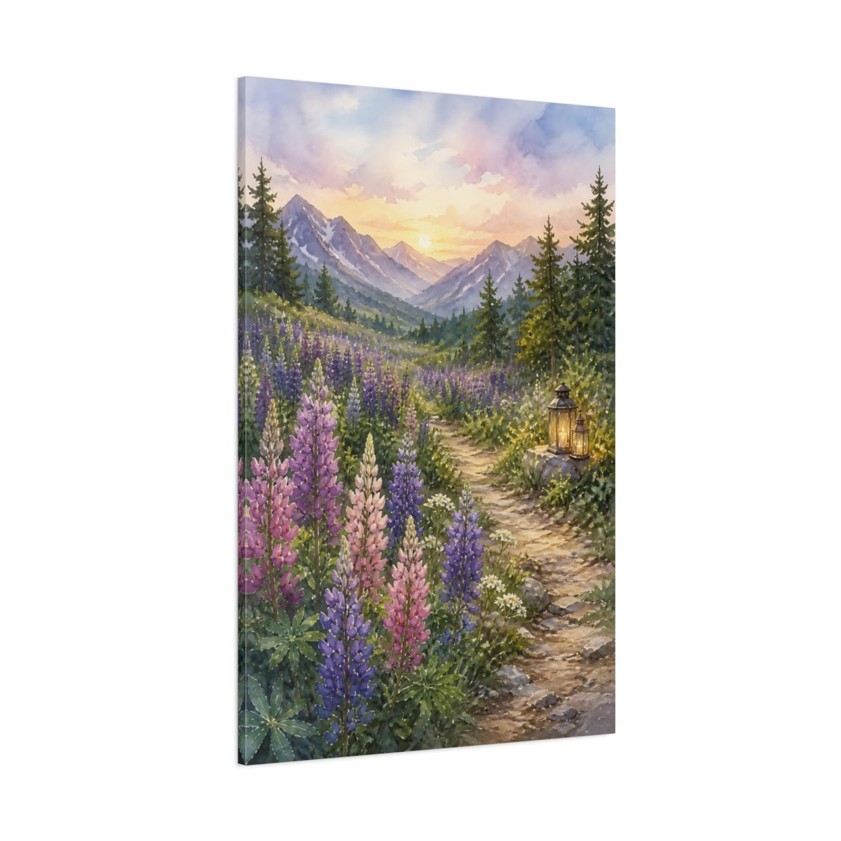 Side Mockup 1. Nature Lupine Field Purple Mountain Sunset shown as stretched canvas wall art