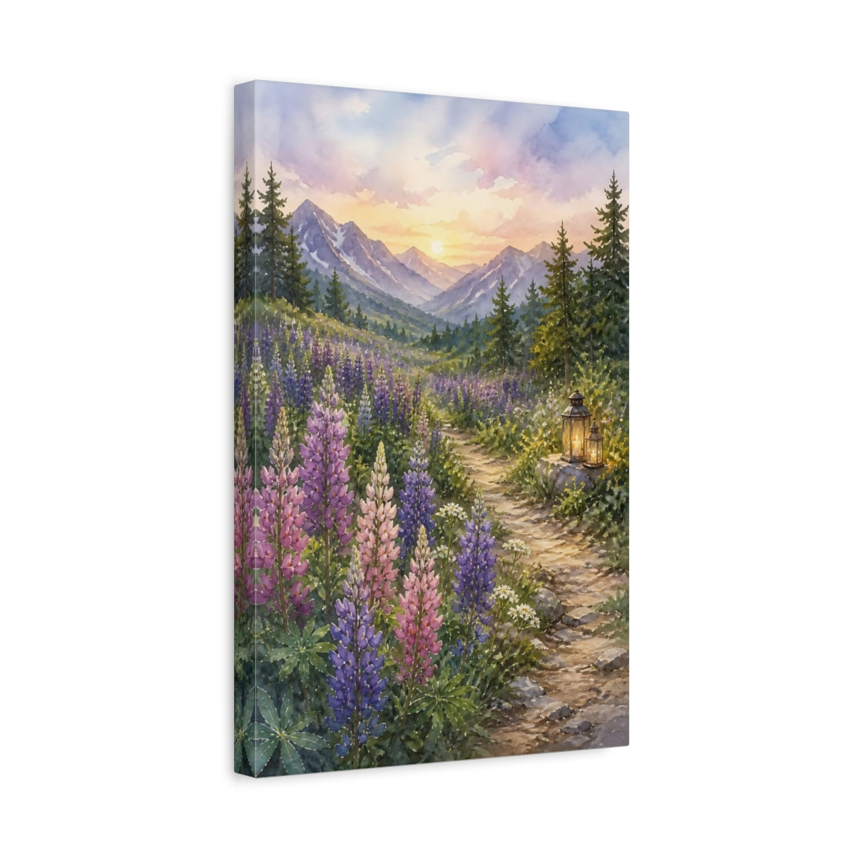 Side Mockup 4. Nature Lupine Field Purple Mountain Sunset shown as stretched canvas wall art