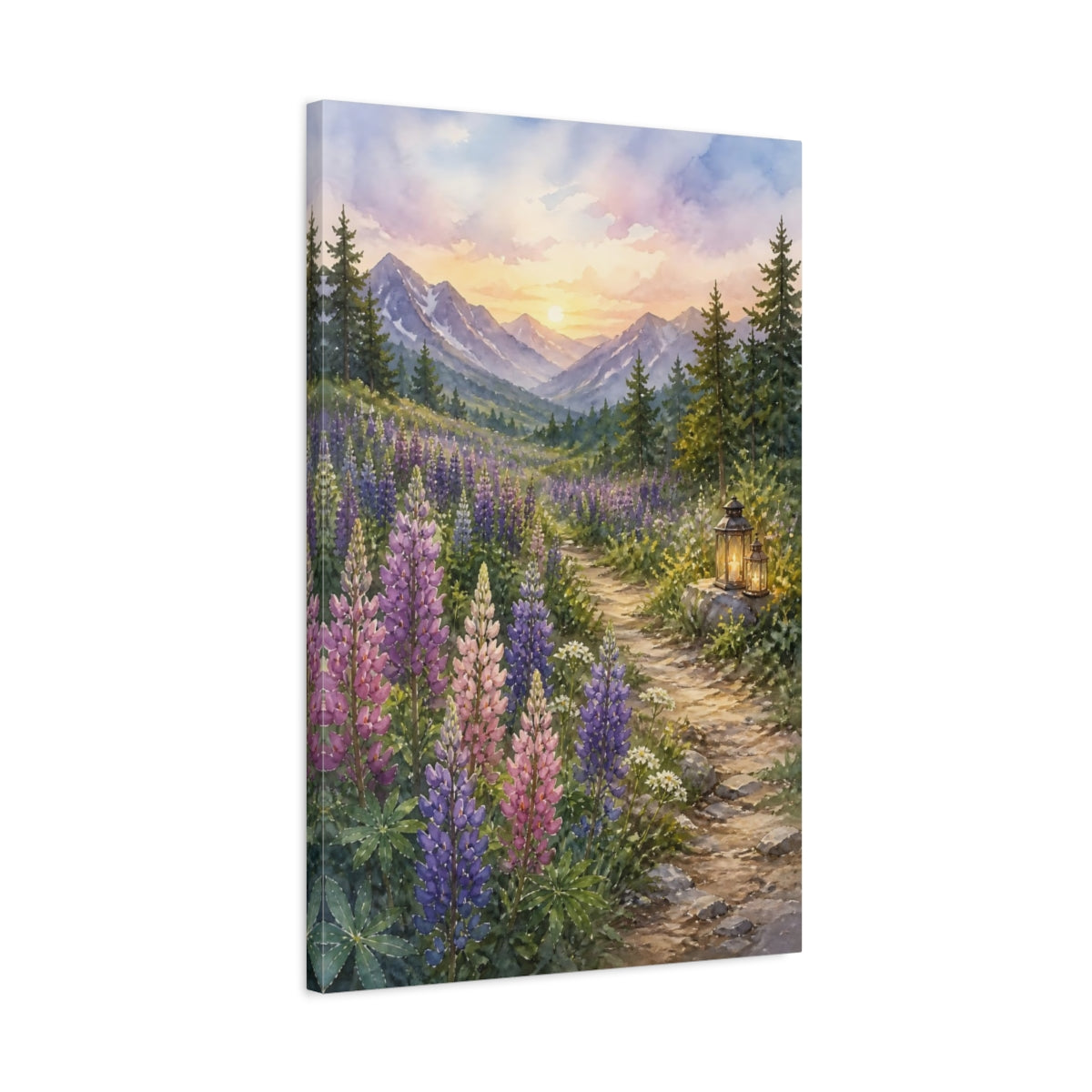 Side Mockup 2. Nature Lupine Field Purple Mountain Sunset shown as stretched canvas wall art
