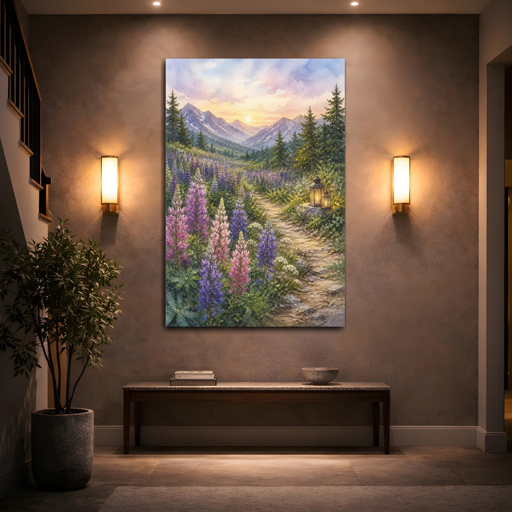 Mockup 2. Nature Lupine Field Purple Mountain Sunset shown as stretched canvas wall art