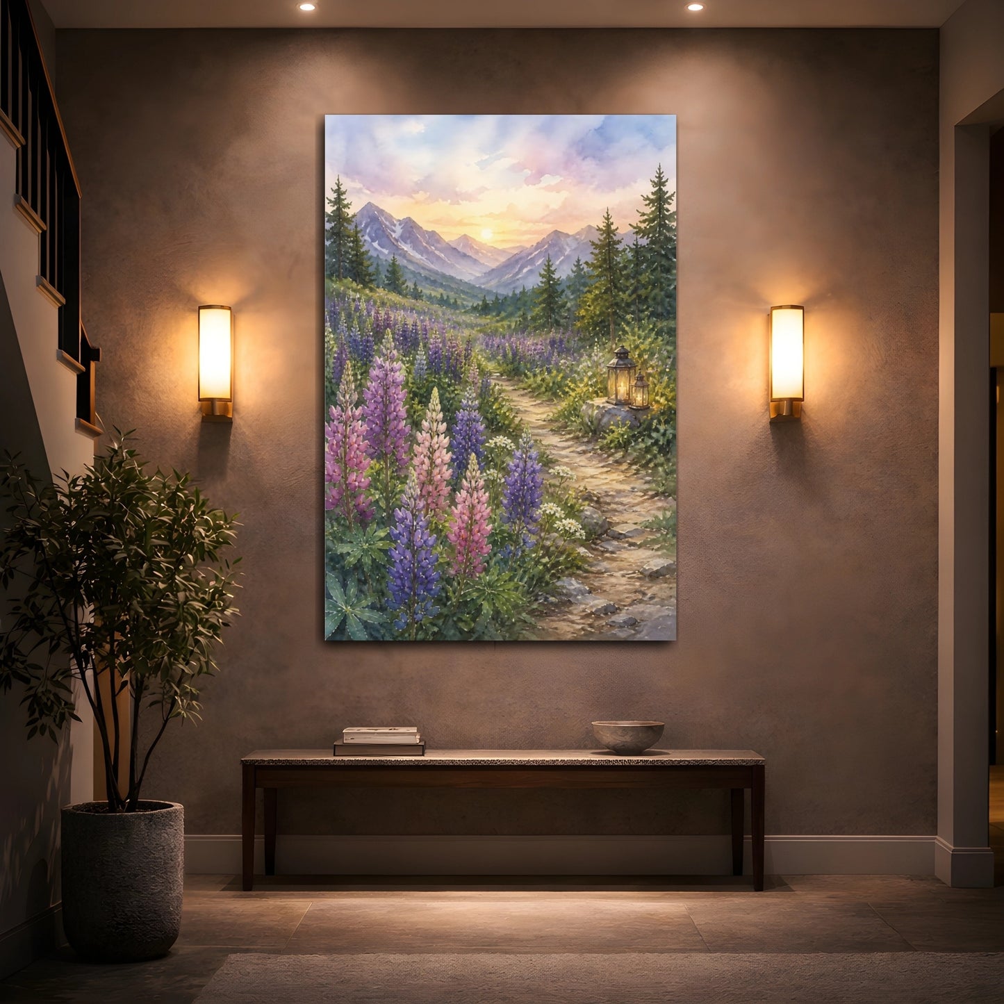 Mockup 2. Nature Lupine Field Purple Mountain Sunset shown as stretched canvas wall art