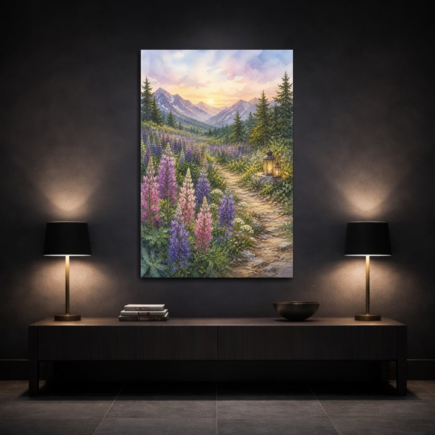Mockup 3. Nature Lupine Field Purple Mountain Sunset shown as stretched canvas wall art