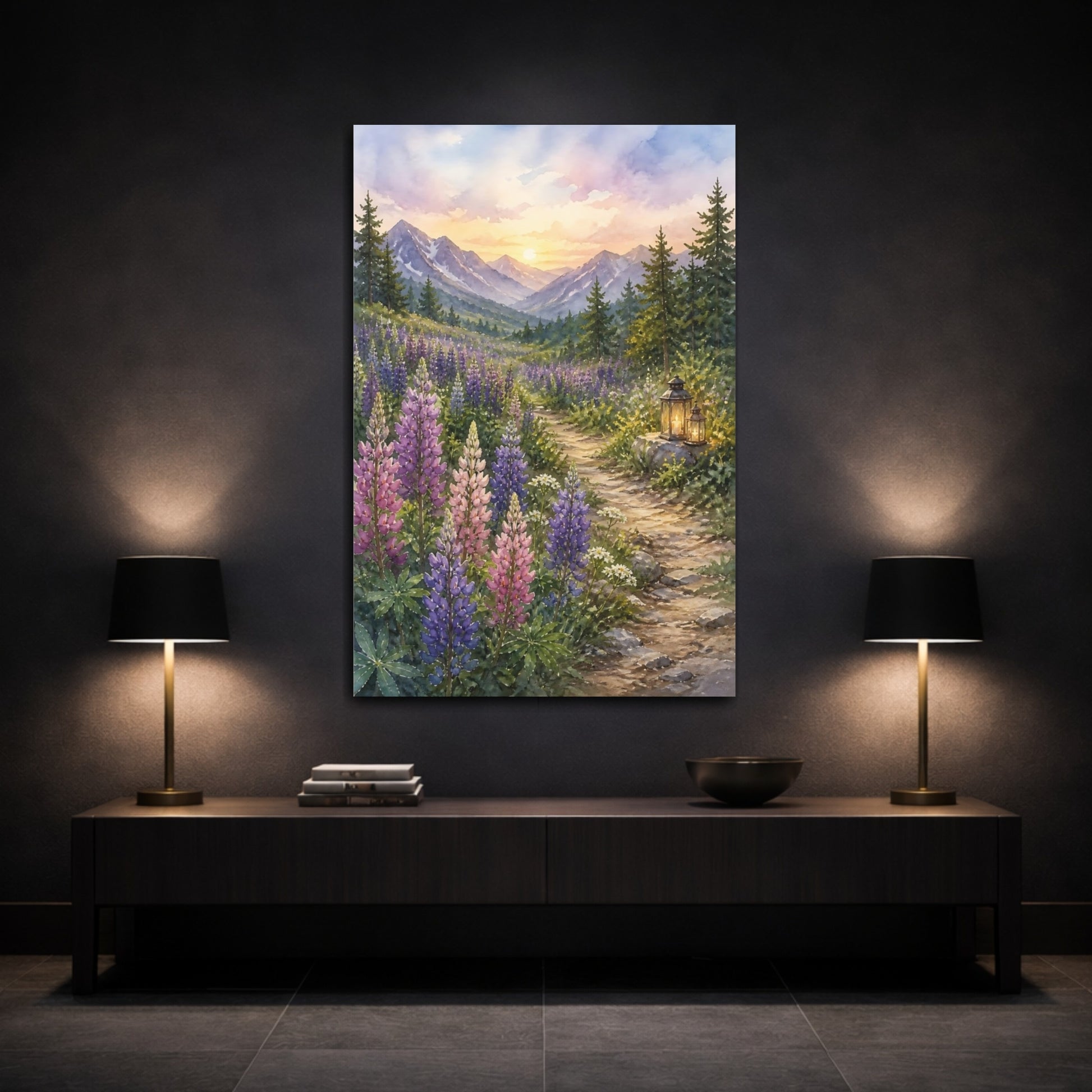 Mockup 3. Nature Lupine Field Purple Mountain Sunset shown as stretched canvas wall art