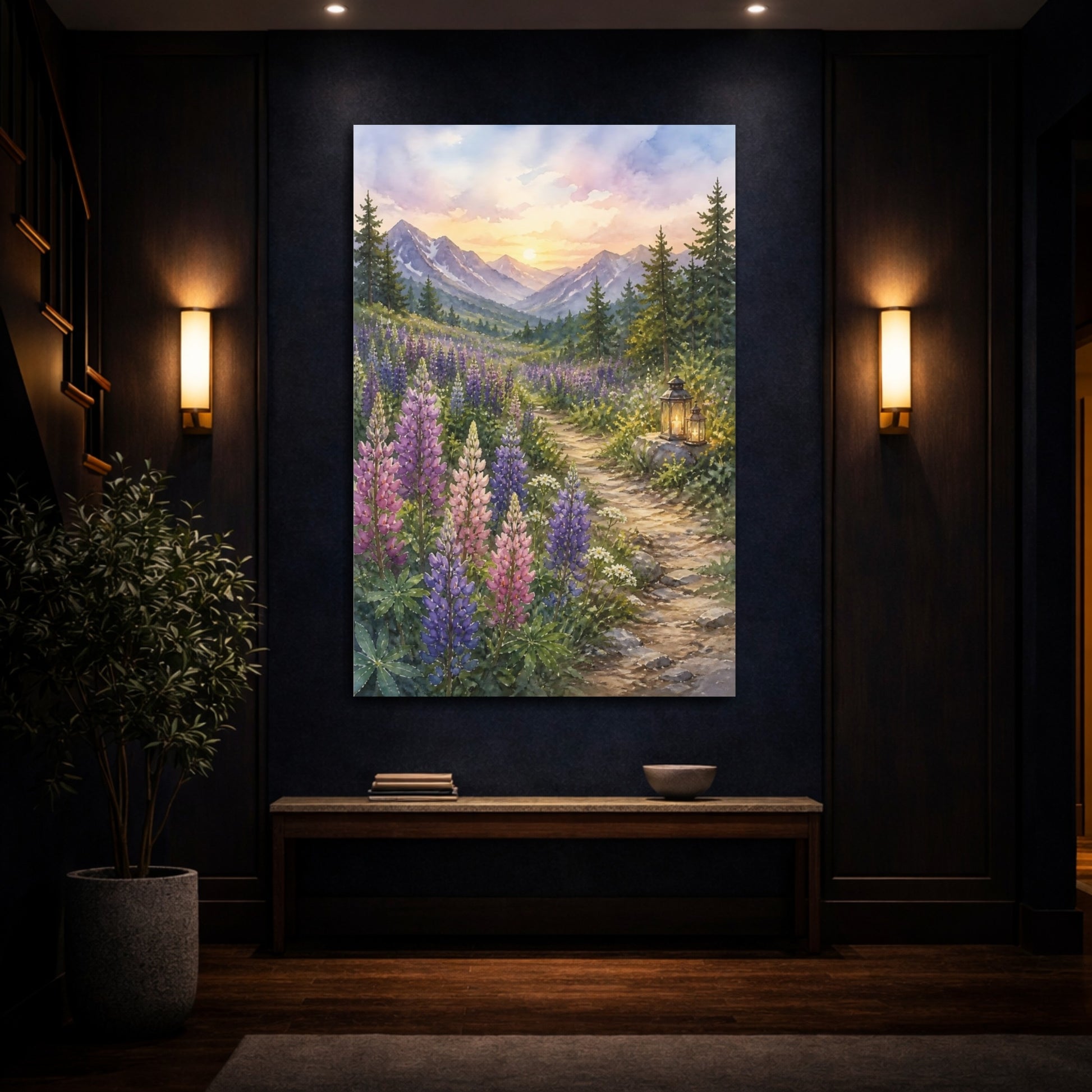 Mockup 4. Nature Lupine Field Purple Mountain Sunset shown as stretched canvas wall art