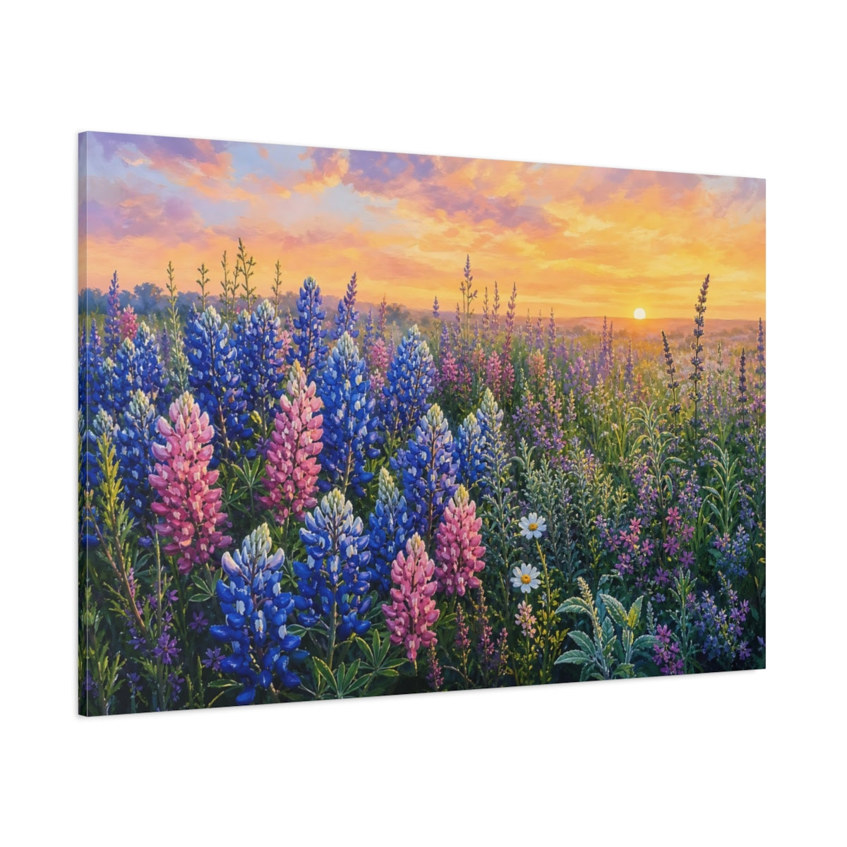 Side Mockup 1. Nature Lupine Field Lupine Sunset shown as stretched canvas wall art