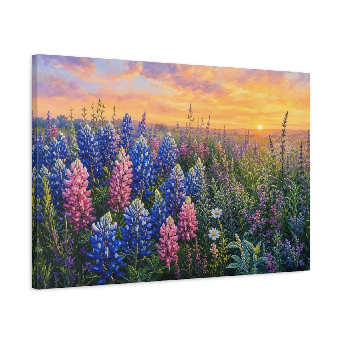 Side Mockup 2. Nature Lupine Field Lupine Sunset shown as stretched canvas wall art