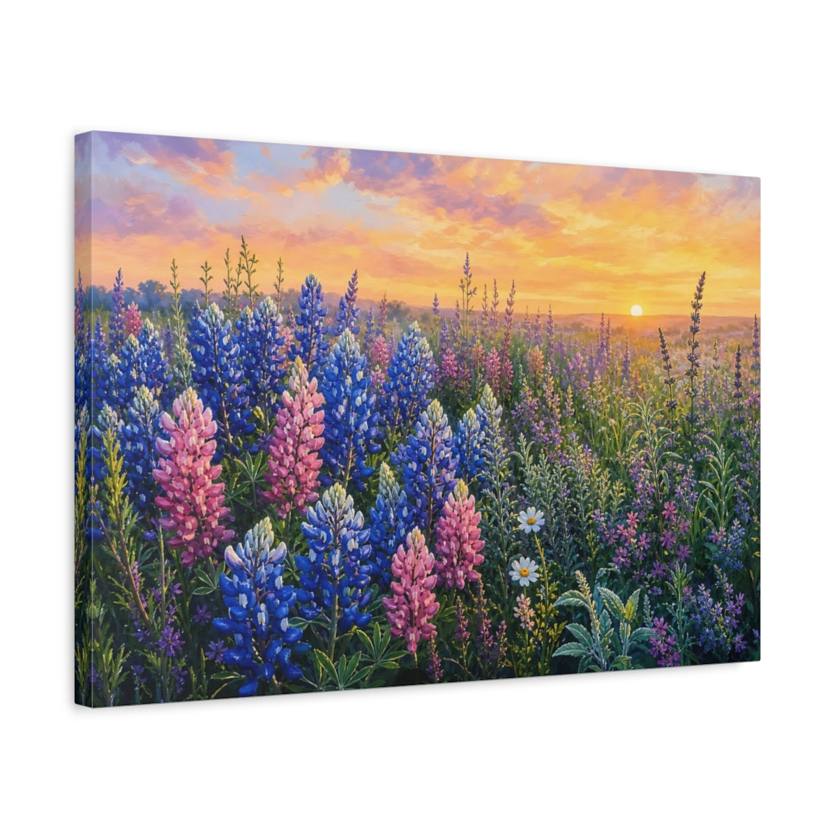 Side Mockup 3. Nature Lupine Field Lupine Sunset shown as stretched canvas wall art