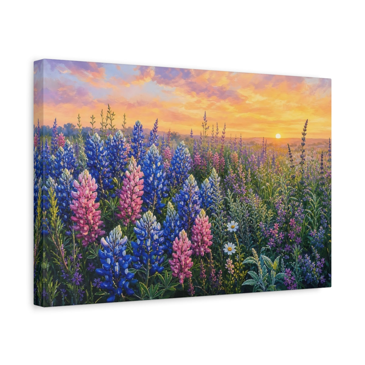 Side Mockup 4. Nature Lupine Field Lupine Sunset shown as stretched canvas wall art