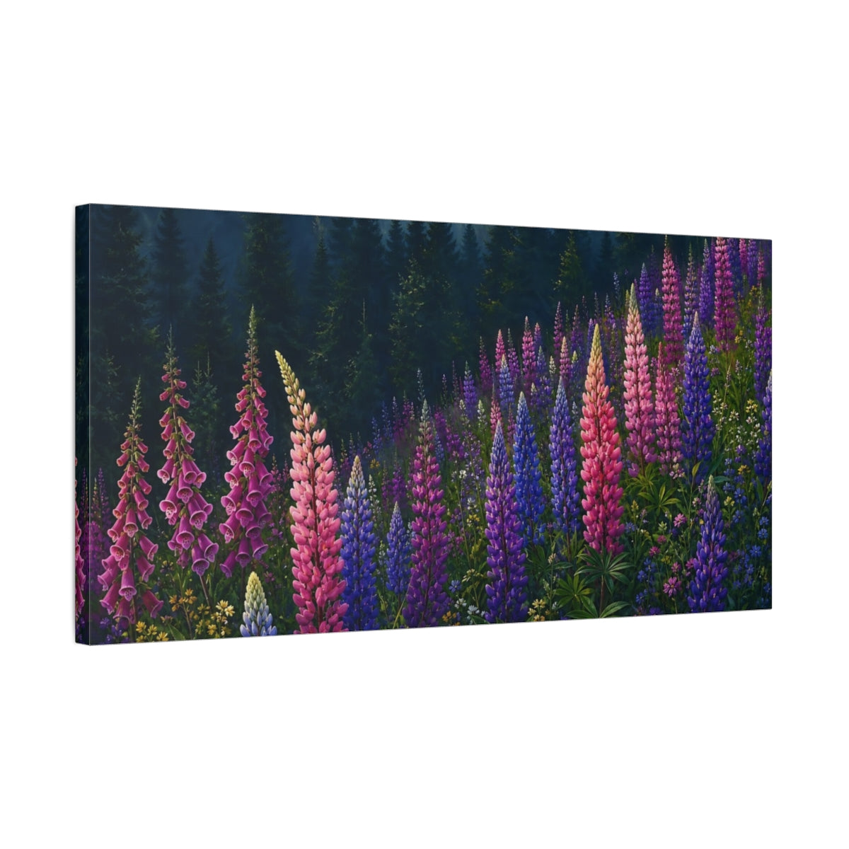 Side Mockup 1. Nature Lupine Flowers Colorful Forest Floral shown as stretched canvas wall art