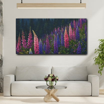 Mockup 2. Nature Lupine Flowers Colorful Forest Floral shown as stretched canvas wall art