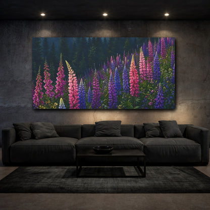 Mockup 3. Nature Lupine Flowers Colorful Forest Floral shown as stretched canvas wall art
