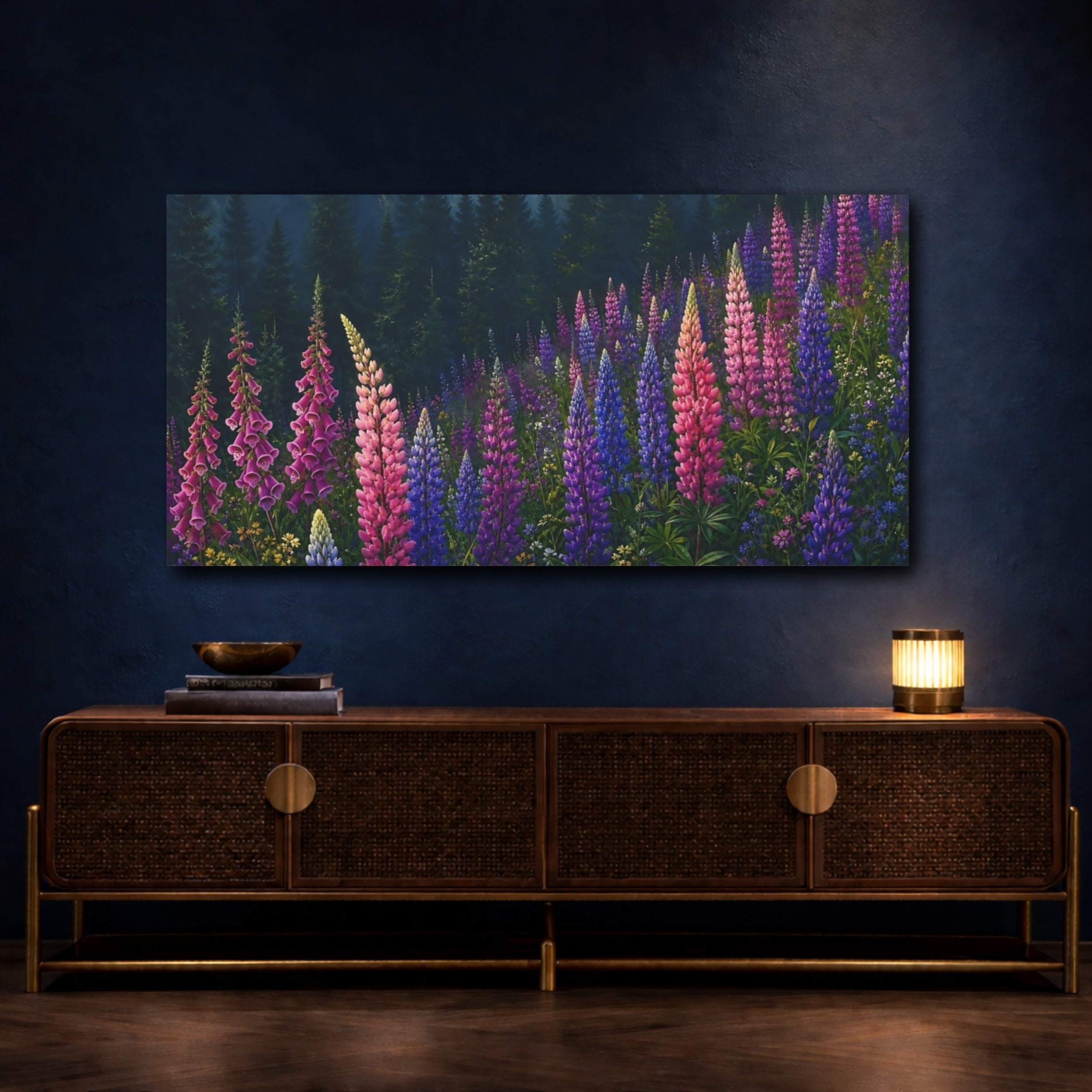 Mockup 4. Nature Lupine Flowers Colorful Forest Floral shown as stretched canvas wall art