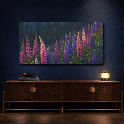 Mockup 4. Nature Lupine Flowers Colorful Forest Floral shown as stretched canvas wall art