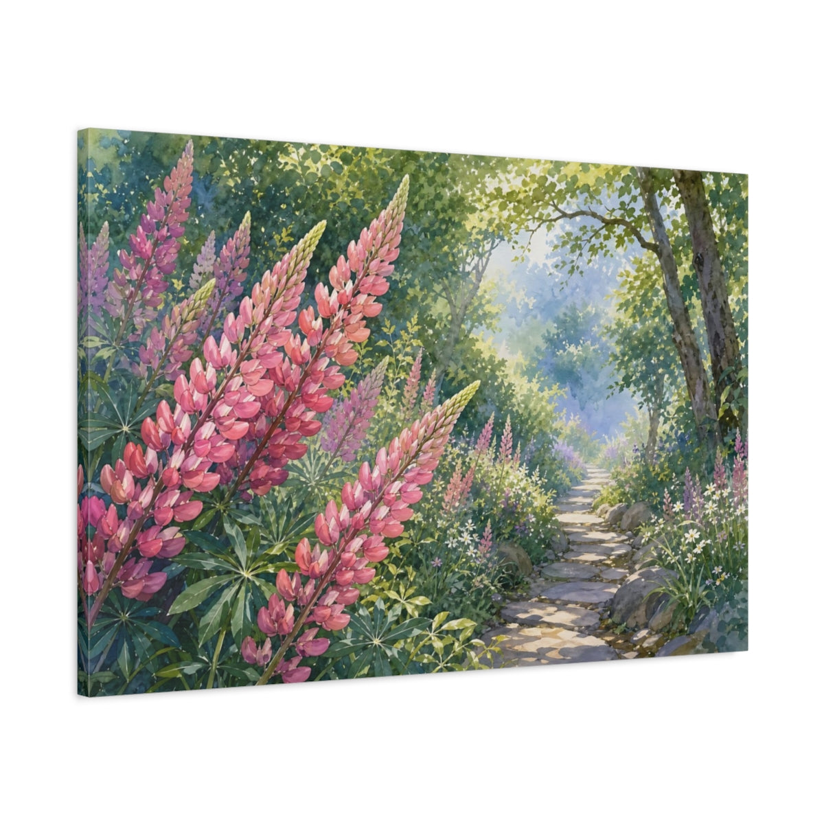 Main Mockup. Nature Lupine Flowers Pink Lupine Path shown as stretched canvas wall art