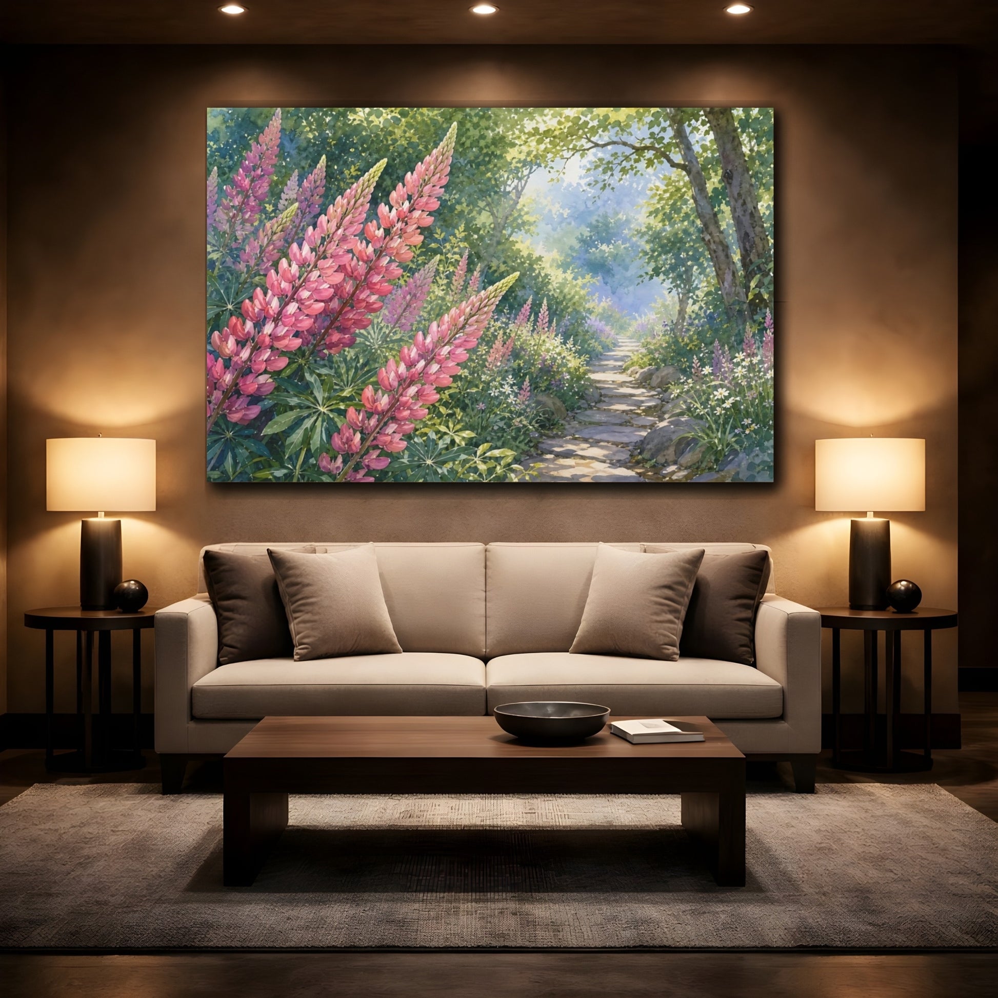 Mockup 2. Nature Lupine Flowers Pink Lupine Path shown as stretched canvas wall art