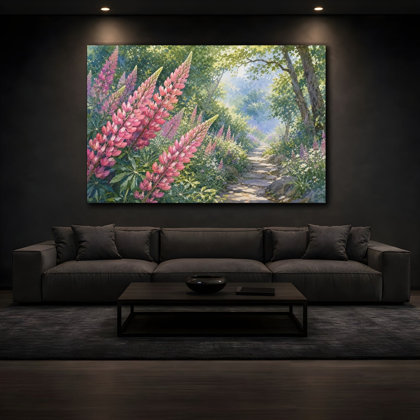Mockup 3. Nature Lupine Flowers Pink Lupine Path shown as stretched canvas wall art