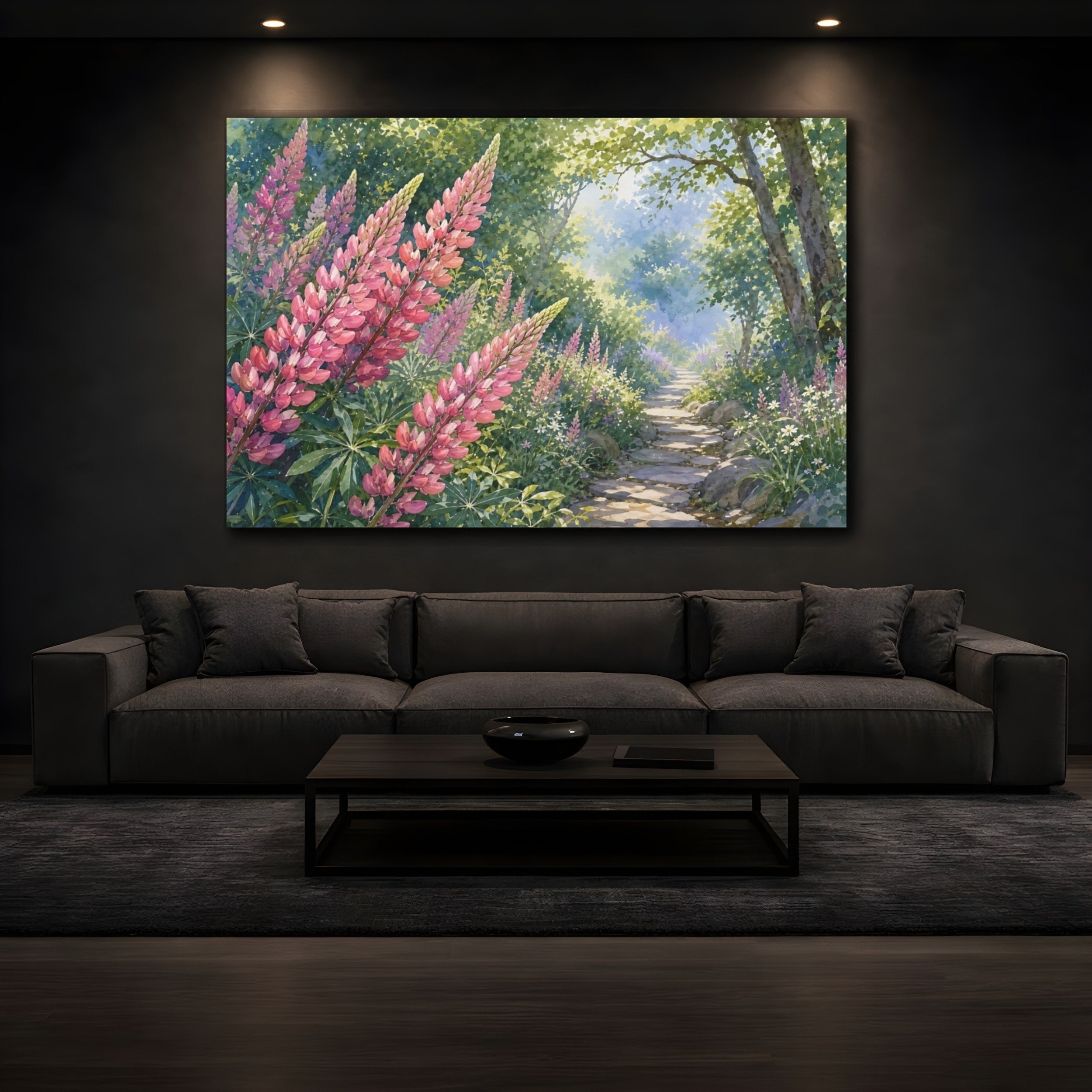 Mockup 3. Nature Lupine Flowers Pink Lupine Path shown as stretched canvas wall art