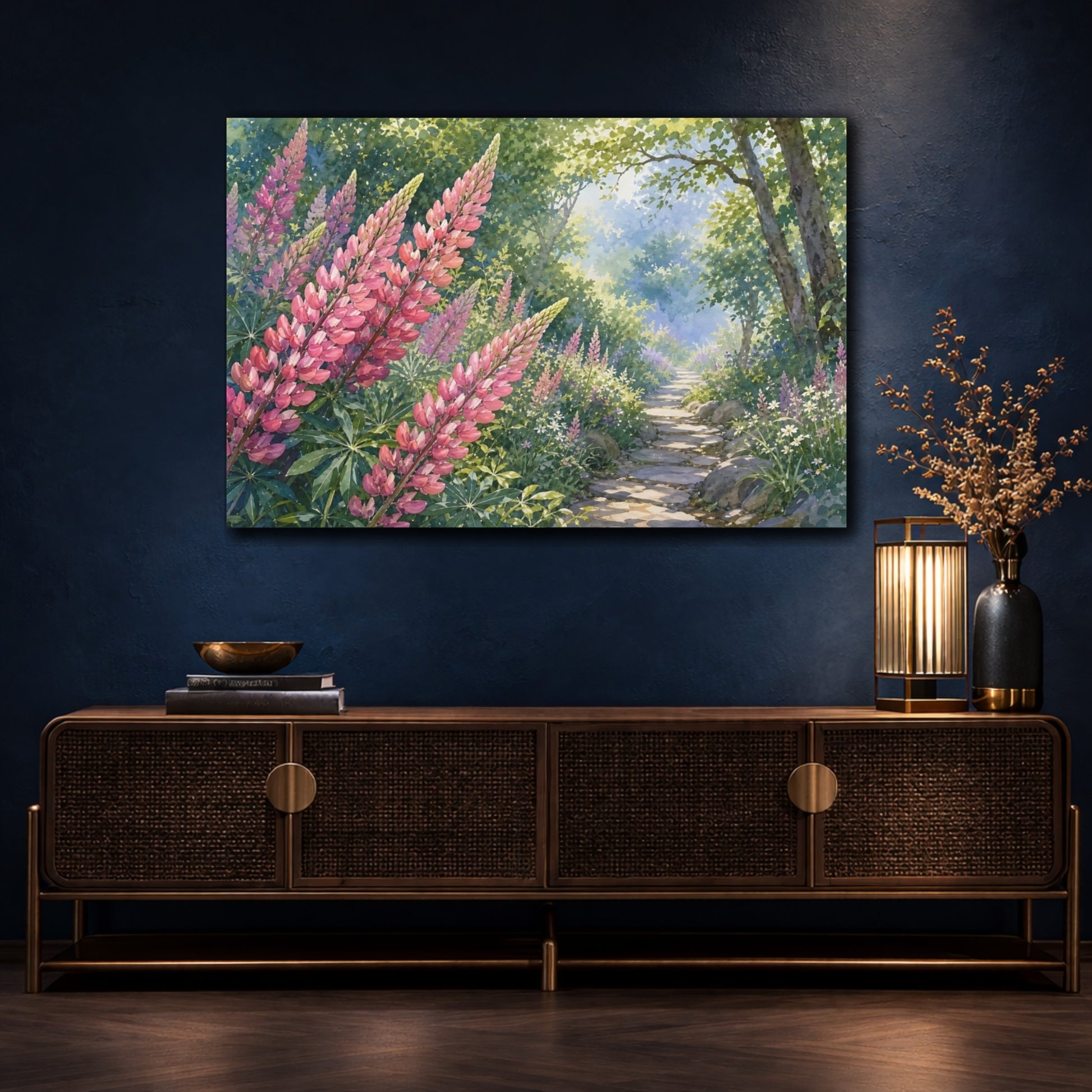 Mockup 4. Nature Lupine Flowers Pink Lupine Path shown as stretched canvas wall art