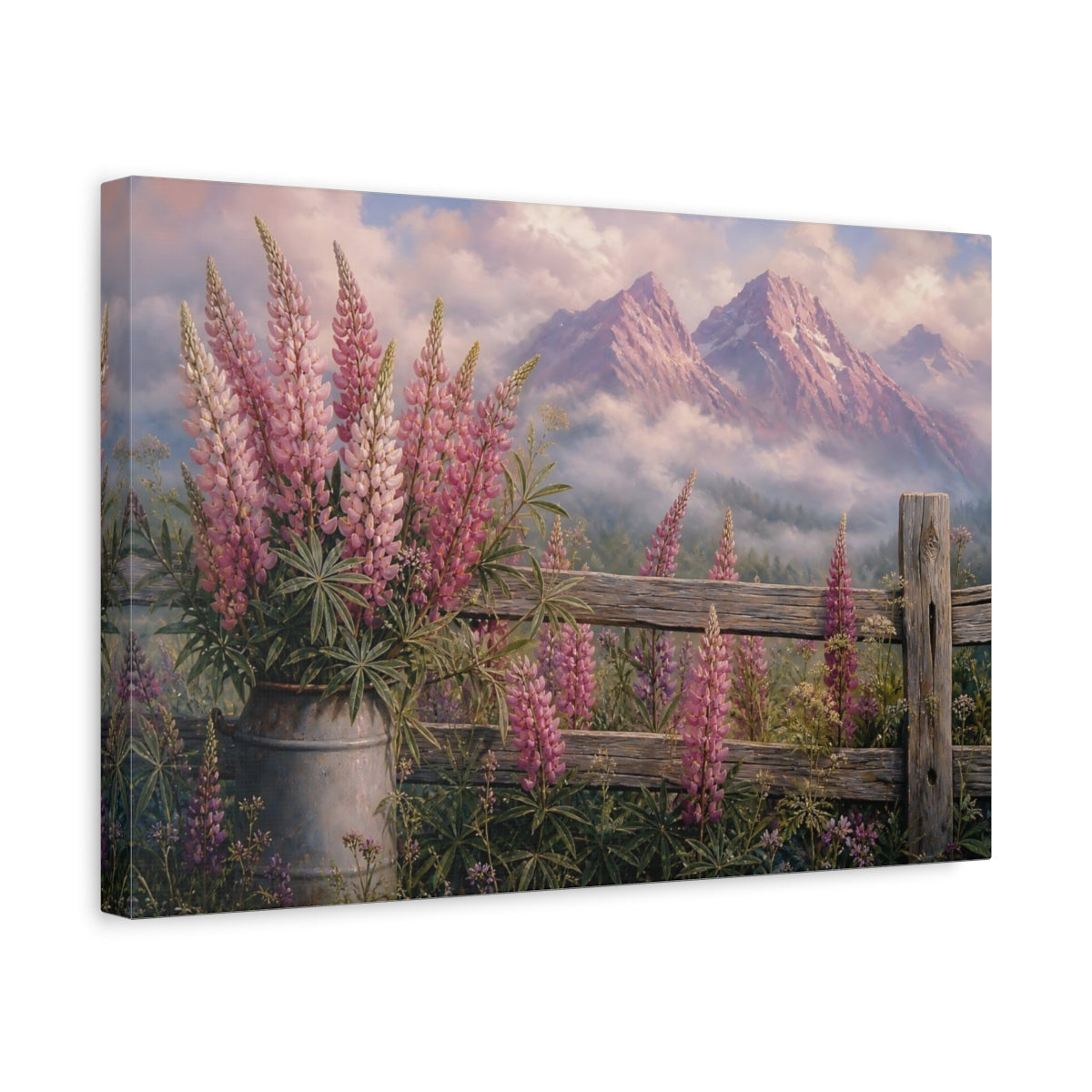 Side Mockup 4. Nature Lupine Flowers Pink Mountains Floral shown as stretched canvas wall art