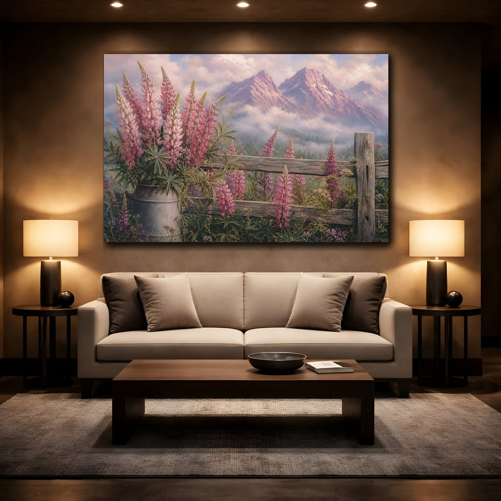 Mockup 2. Nature Lupine Flowers Pink Mountains Floral shown as stretched canvas wall art