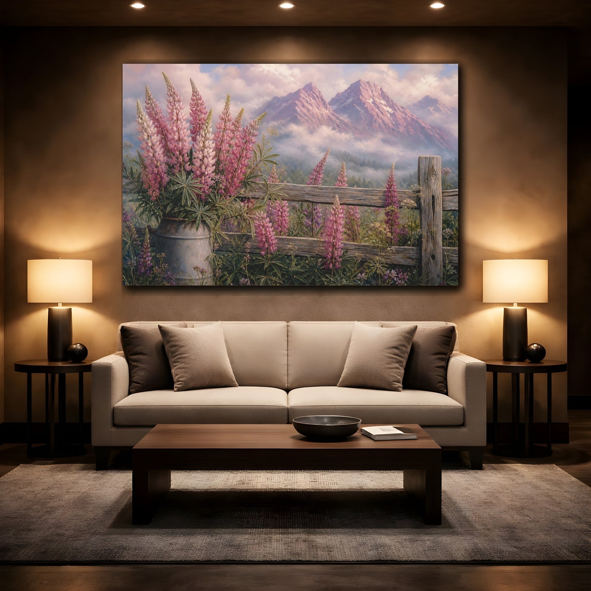 Mockup 2. Nature Lupine Flowers Pink Mountains Floral shown as stretched canvas wall art