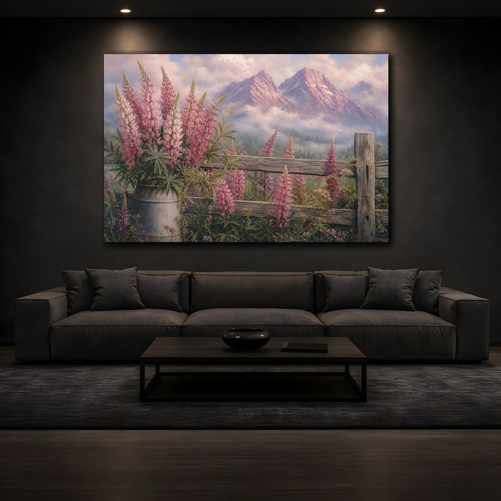 Mockup 3. Nature Lupine Flowers Pink Mountains Floral shown as stretched canvas wall art