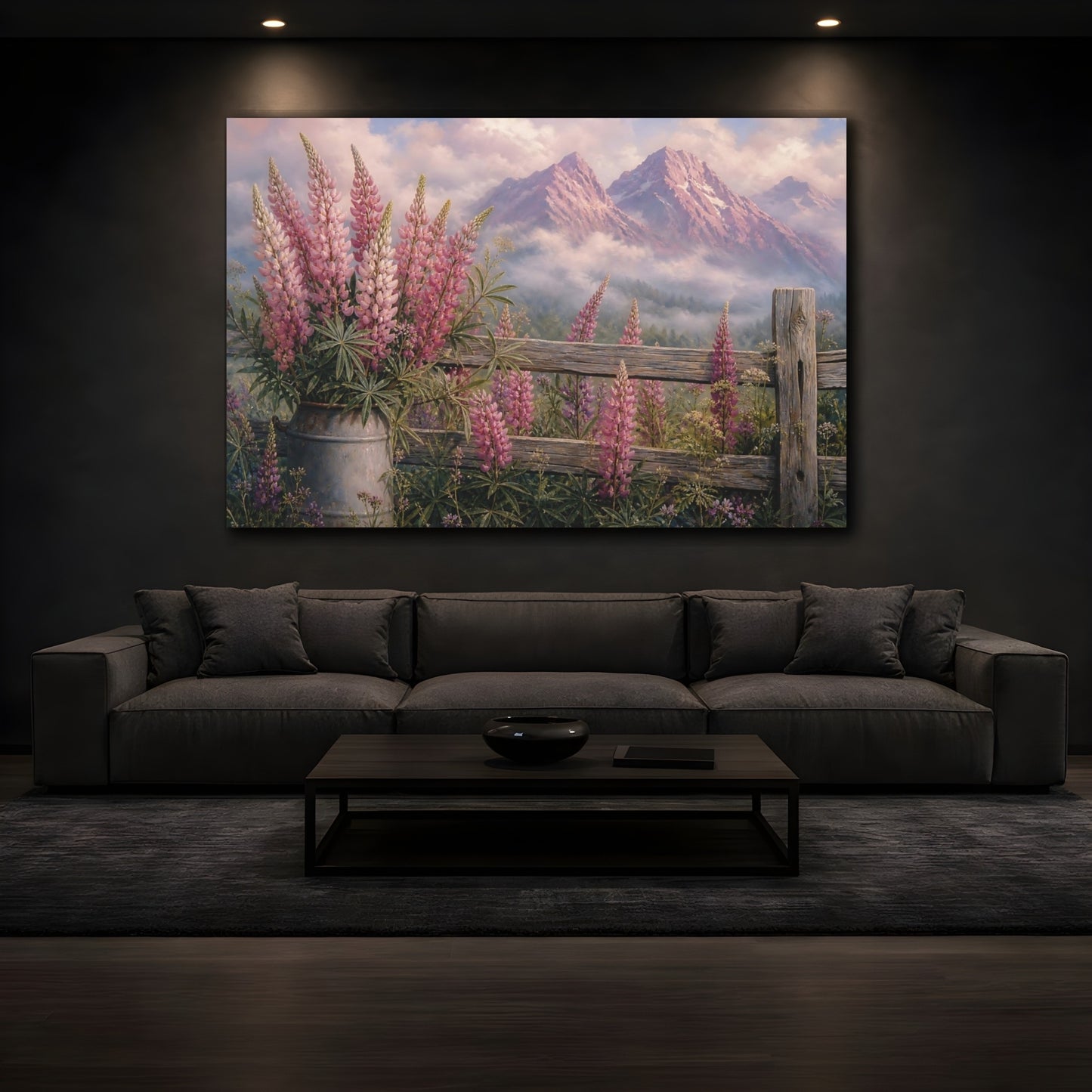 Mockup 3. Nature Lupine Flowers Pink Mountains Floral shown as stretched canvas wall art