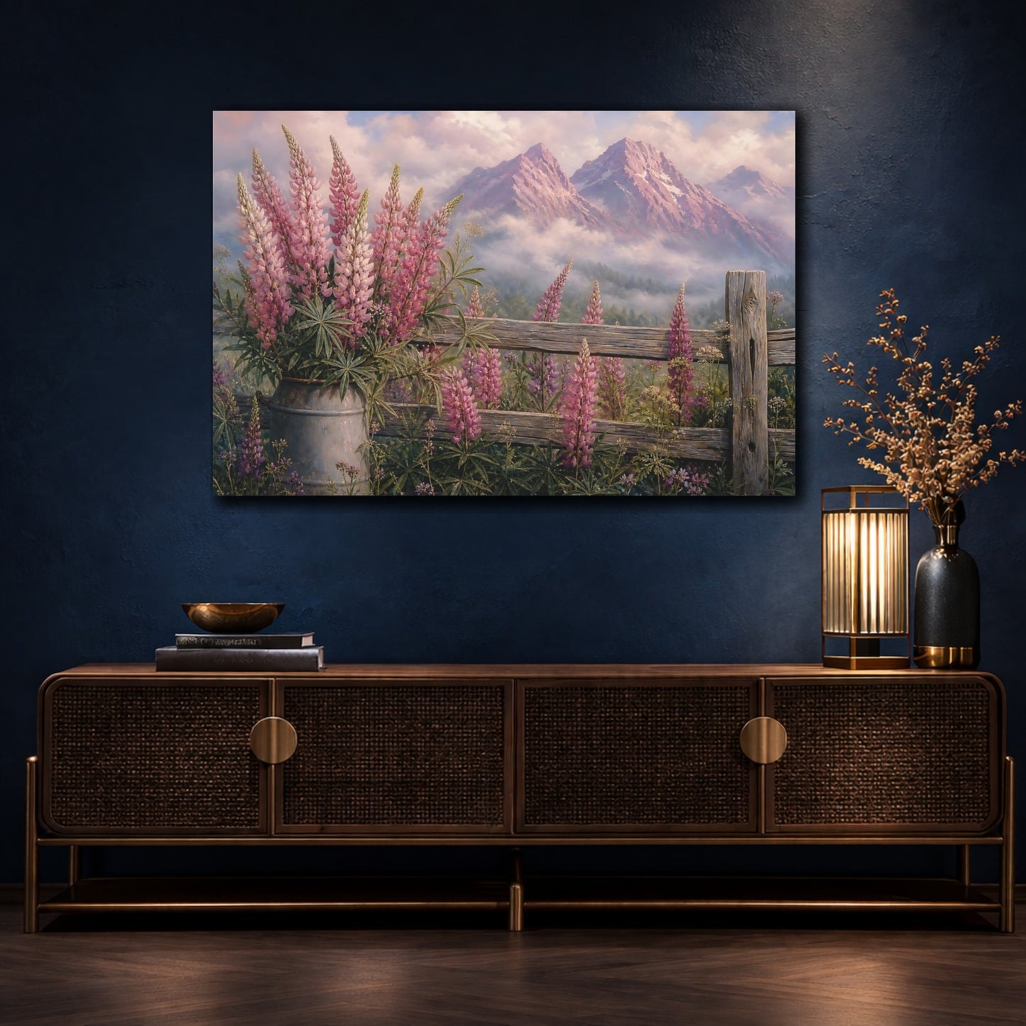 Mockup 4. Nature Lupine Flowers Pink Mountains Floral shown as stretched canvas wall art
