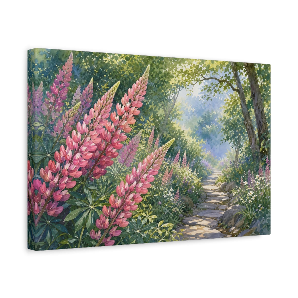 Side Mockup 4. Nature Lupine Flowers Pink Lupine Path shown as stretched canvas wall art