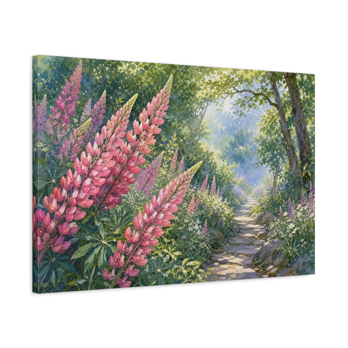 Side Mockup 2. Nature Lupine Flowers Pink Lupine Path shown as stretched canvas wall art