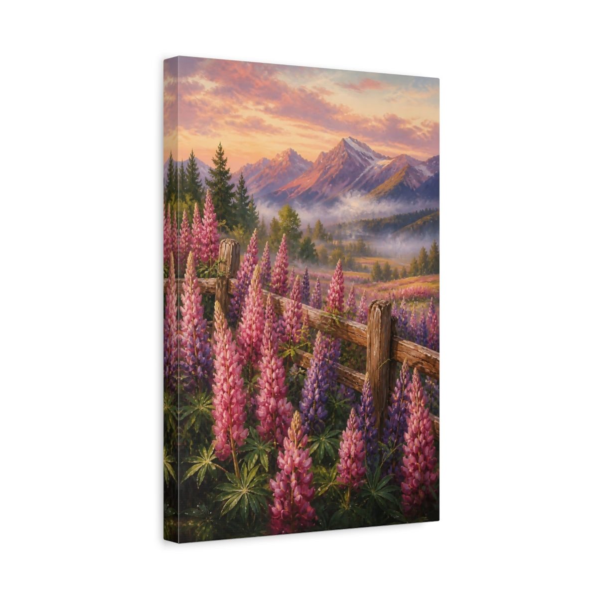 Side Mockup 4. Nature Lupine Flowers Pink Purple Flowers shown as stretched canvas wall art