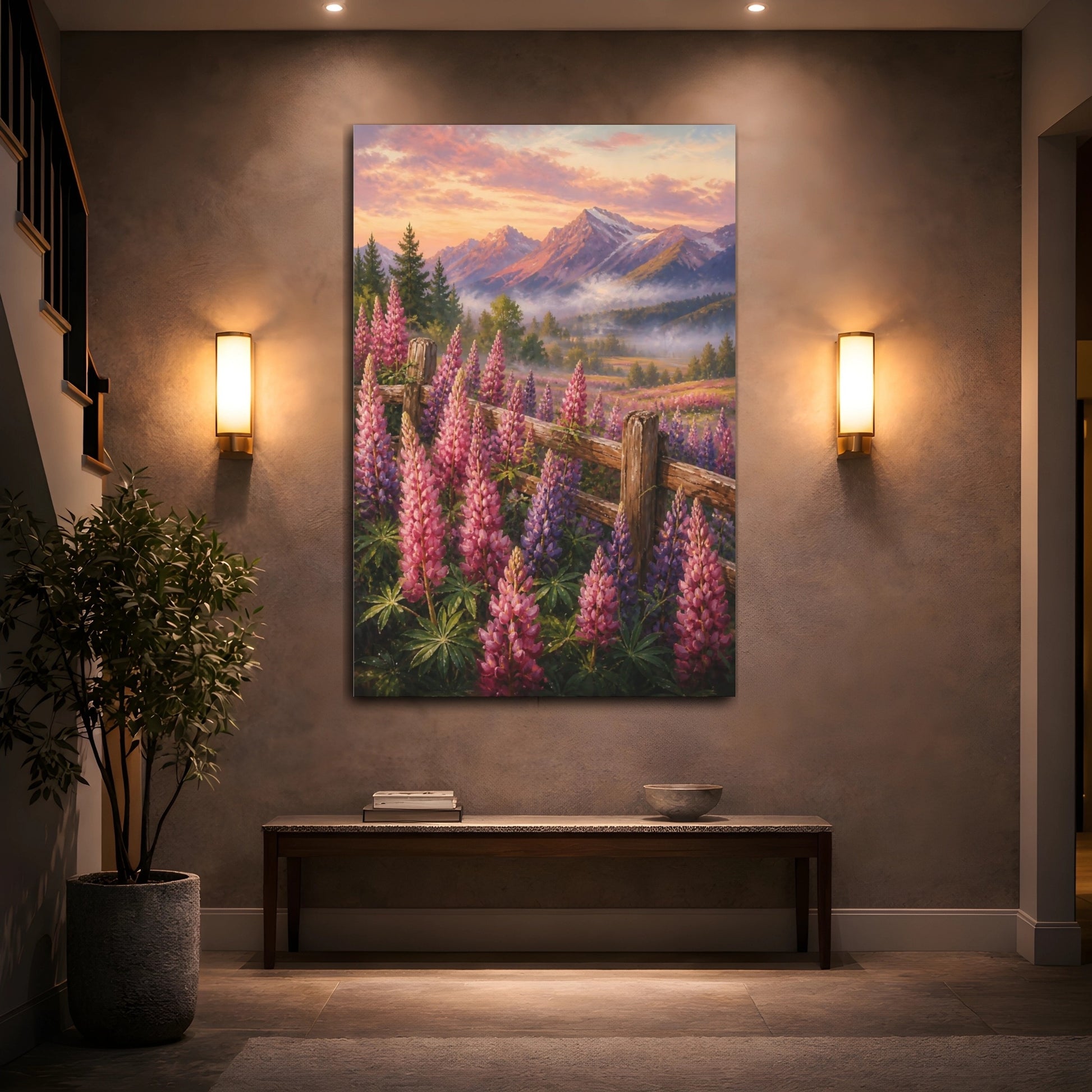 Mockup 2. Nature Lupine Flowers Pink Purple Flowers shown as stretched canvas wall art