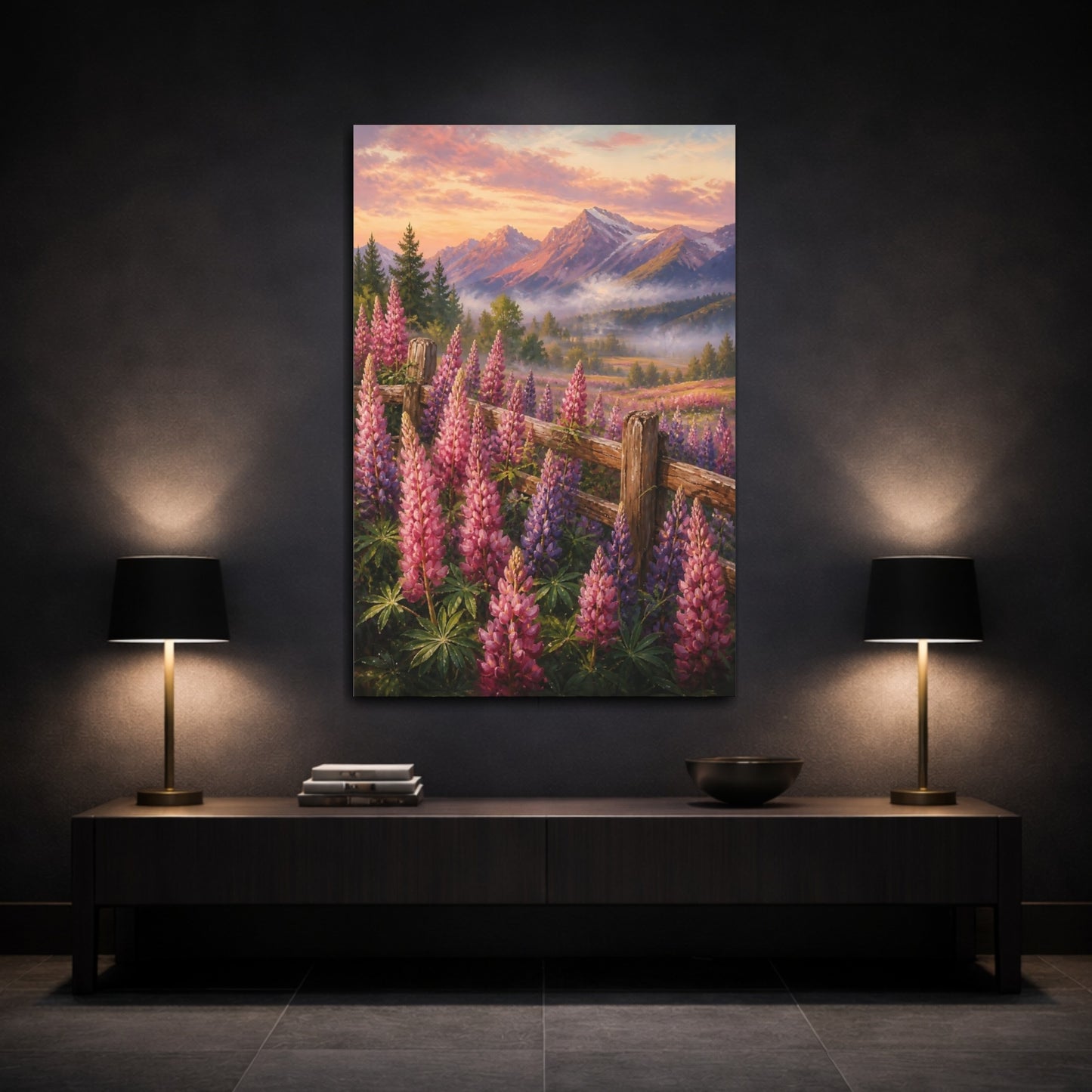 Mockup 3. Nature Lupine Flowers Pink Purple Flowers shown as stretched canvas wall art