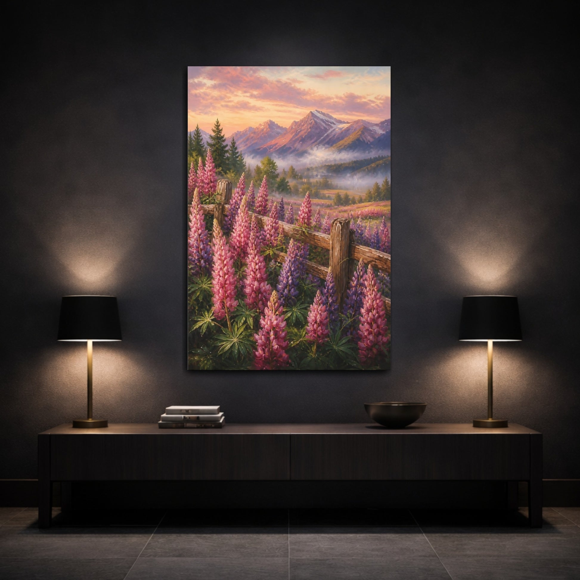 Mockup 3. Nature Lupine Flowers Pink Purple Flowers shown as stretched canvas wall art