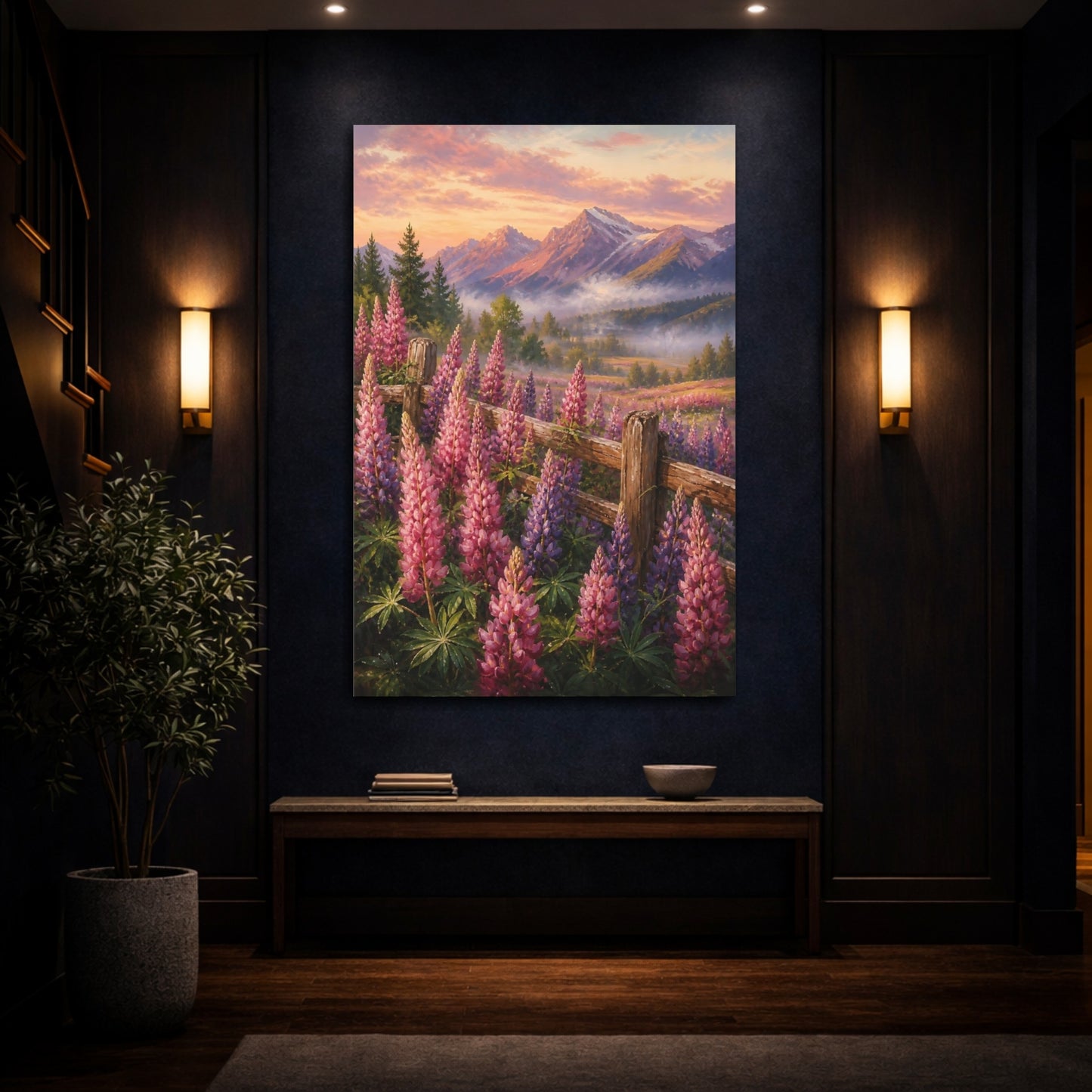 Mockup 4. Nature Lupine Flowers Pink Purple Flowers shown as stretched canvas wall art