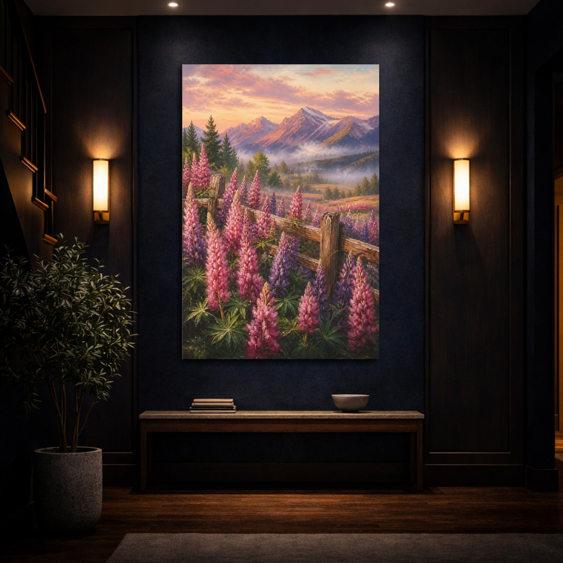 Mockup 4. Nature Lupine Flowers Pink Purple Flowers shown as stretched canvas wall art
