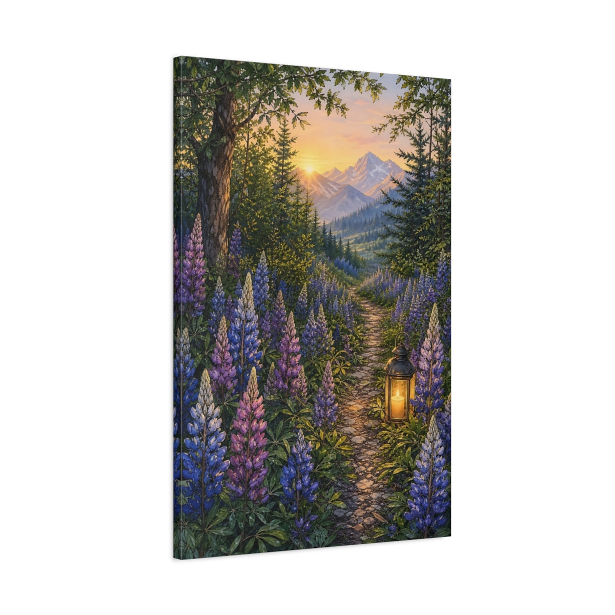 Main Mockup. Nature Lupine Flowers Purple And Green shown as stretched canvas wall art