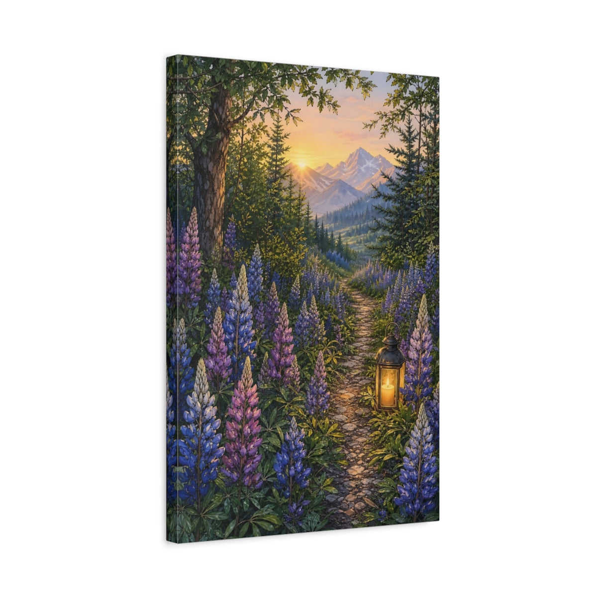 Side Mockup 3. Nature Lupine Flowers Purple And Green shown as stretched canvas wall art