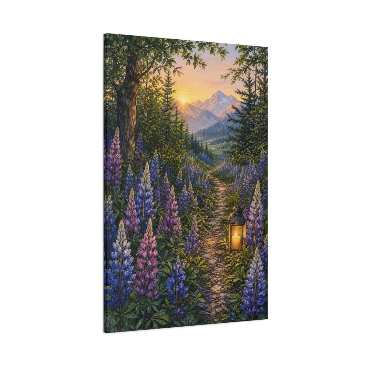 Side Mockup 1. Nature Lupine Flowers Purple And Green shown as stretched canvas wall art