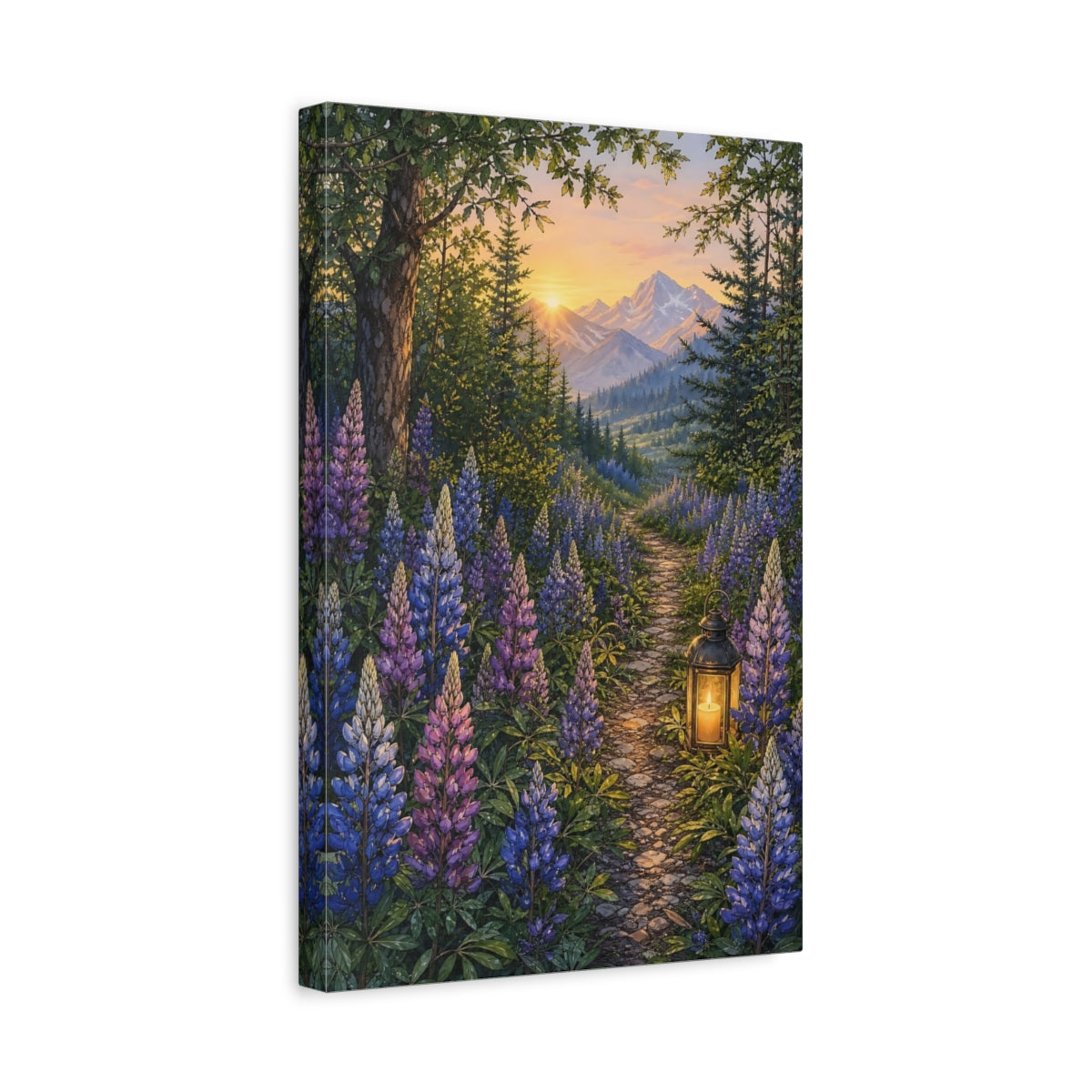 Side Mockup 4. Nature Lupine Flowers Purple And Green shown as stretched canvas wall art