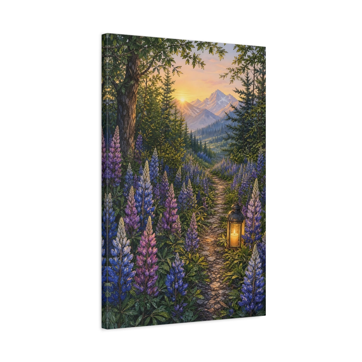 Side Mockup 2. Nature Lupine Flowers Purple And Green shown as stretched canvas wall art