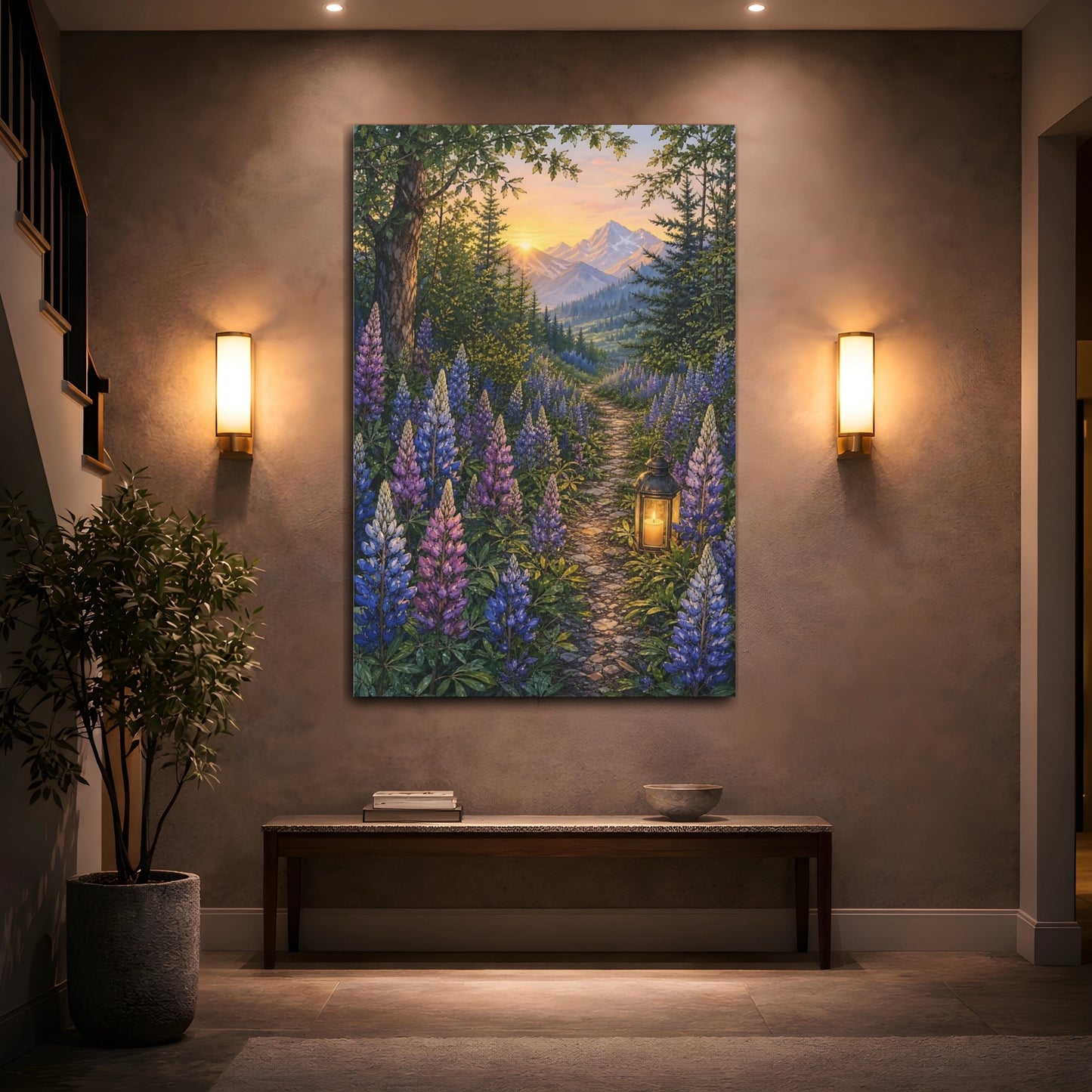 Mockup 2. Nature Lupine Flowers Purple And Green shown as stretched canvas wall art