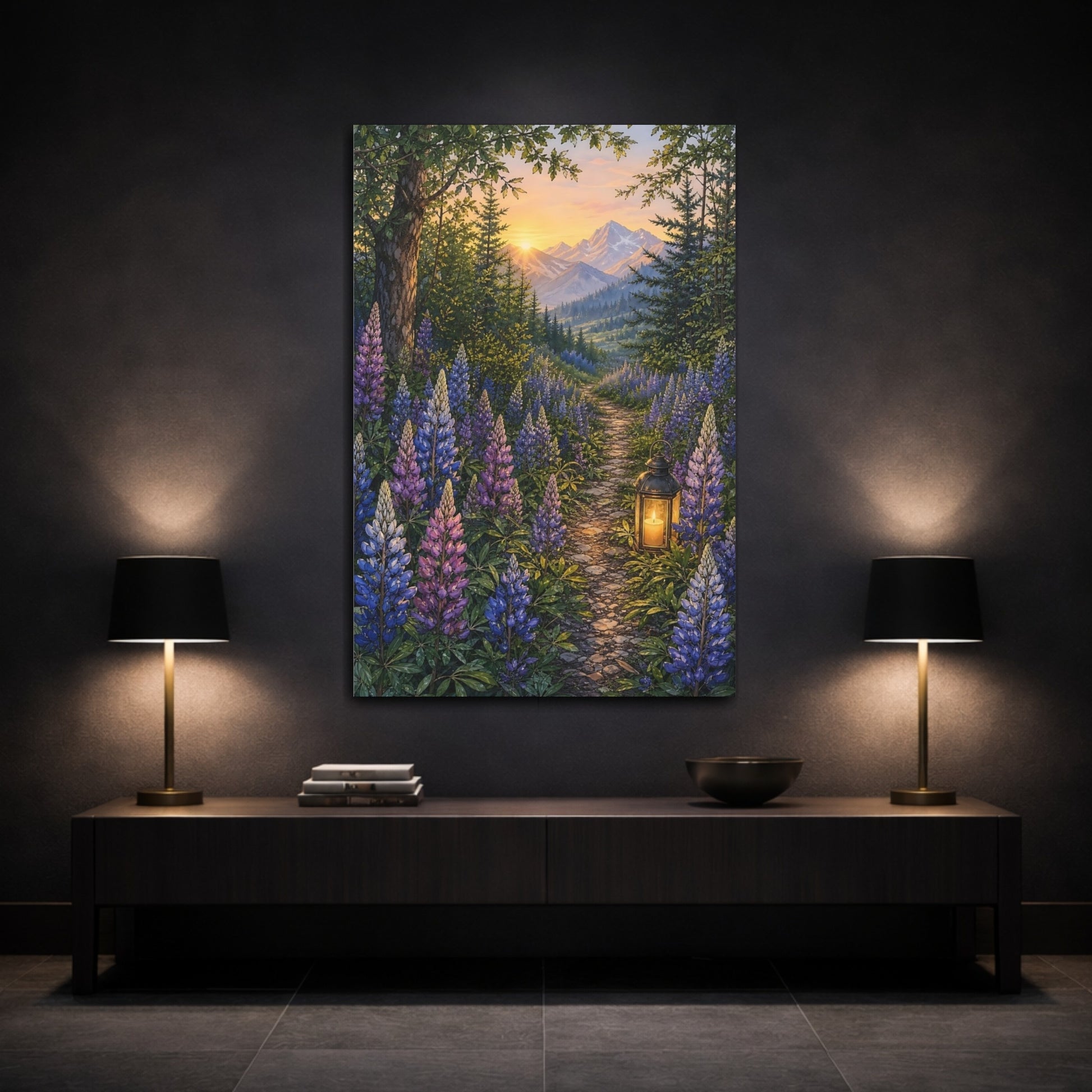 Mockup 3. Nature Lupine Flowers Purple And Green shown as stretched canvas wall art