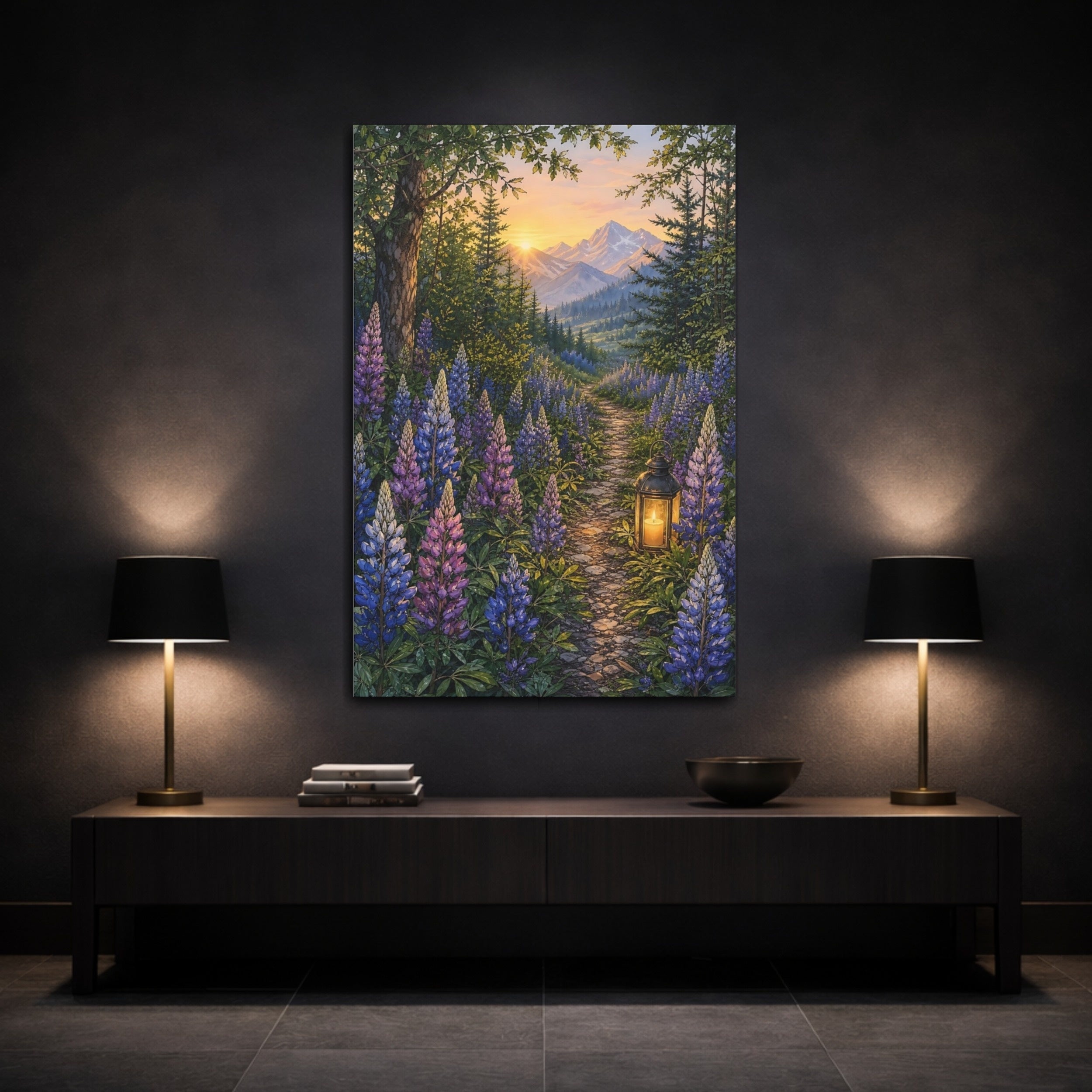 Mockup 3. Nature Lupine Flowers Purple And Green shown as stretched canvas wall art