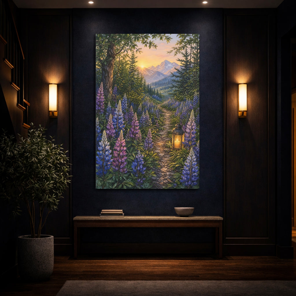 Mockup 4. Nature Lupine Flowers Purple And Green shown as stretched canvas wall art