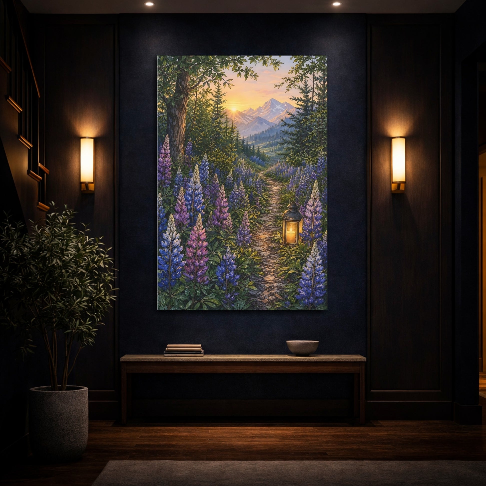Mockup 4. Nature Lupine Flowers Purple And Green shown as stretched canvas wall art