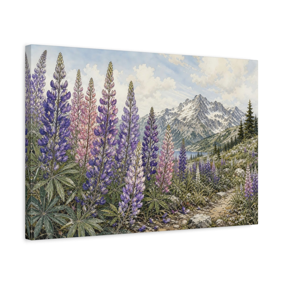 Side Mockup 3. Nature Lupine Flowers Purple Lupine Flowers shown as stretched canvas wall art