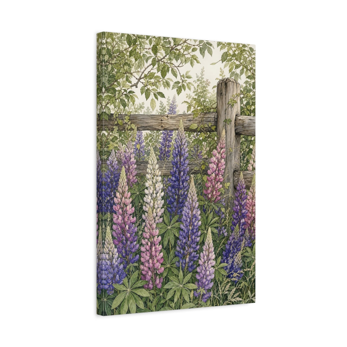 Side Mockup 3. Nature Lupine Flowers Purple Lupine Garden shown as stretched canvas wall art