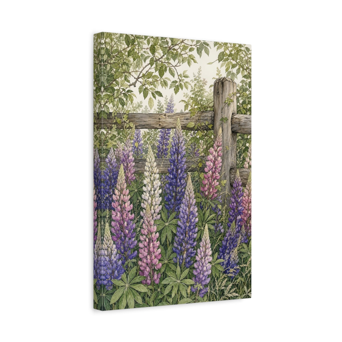 Side Mockup 4. Nature Lupine Flowers Purple Lupine Garden shown as stretched canvas wall art